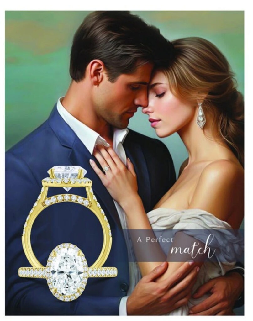 A couple embraces, highlighting a beautiful engagement ring with a large diamond.