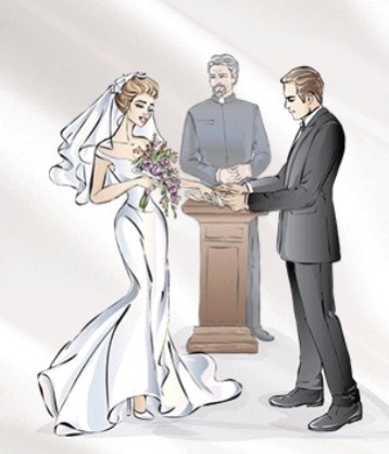 Bride in a white gown holds flowers while standing across from a groom in a black suit