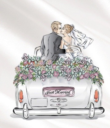 Newlyweds sit in a vintage car adorned with flowers, sharing a kiss